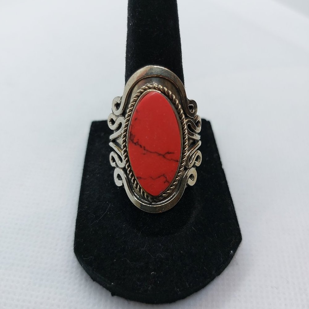 One Size Fits Most - Handmade Peruvian Alpaca Silver Red Accent Adjustable Ring